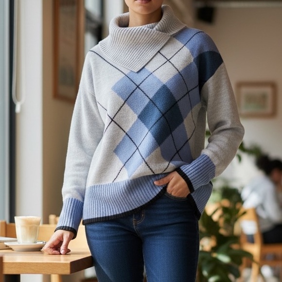 St. John's Bay Sweaters - St. John's Bay Blue and Gray Argyle Turtleneck Sweater
